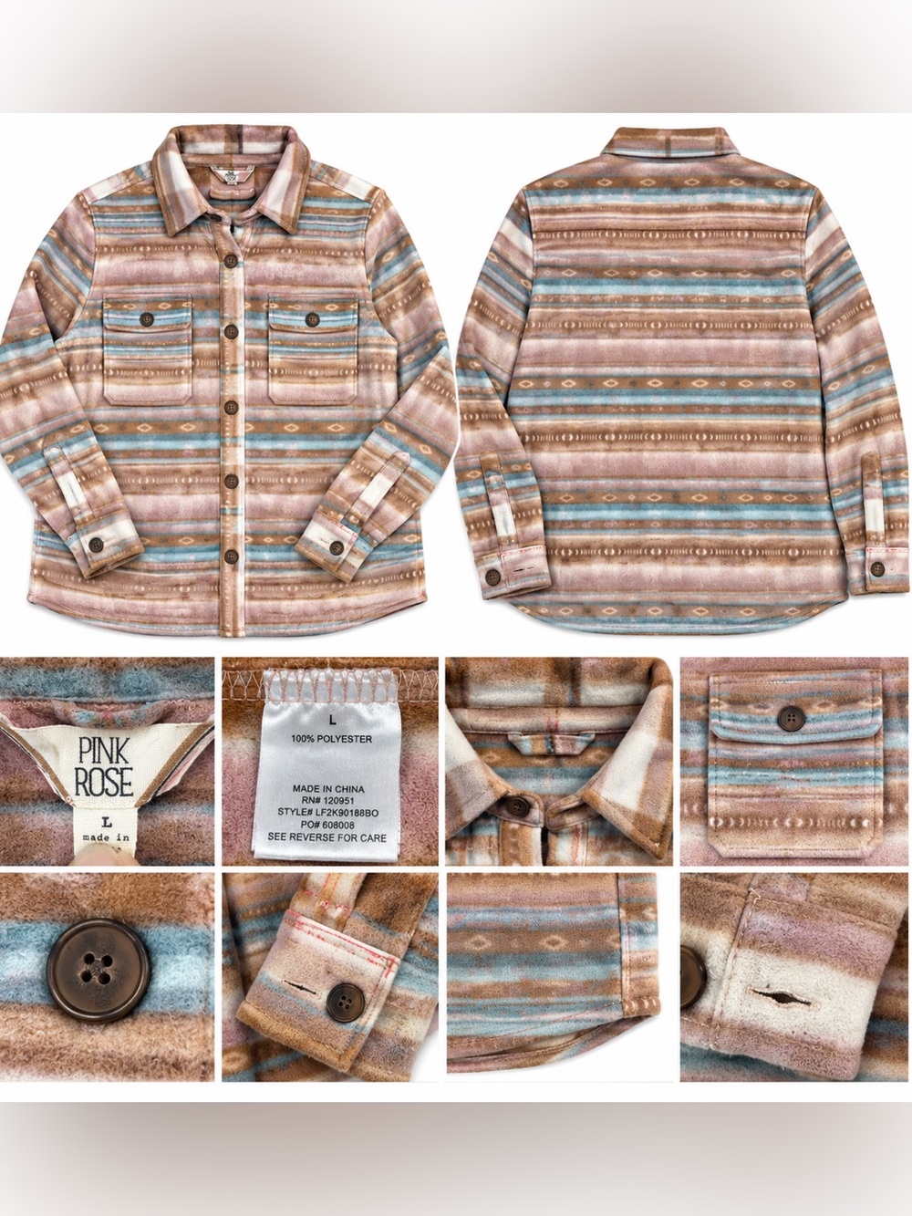 Pink Rose Southwestern Aztec Fleece Shirt Jacket Women’s L